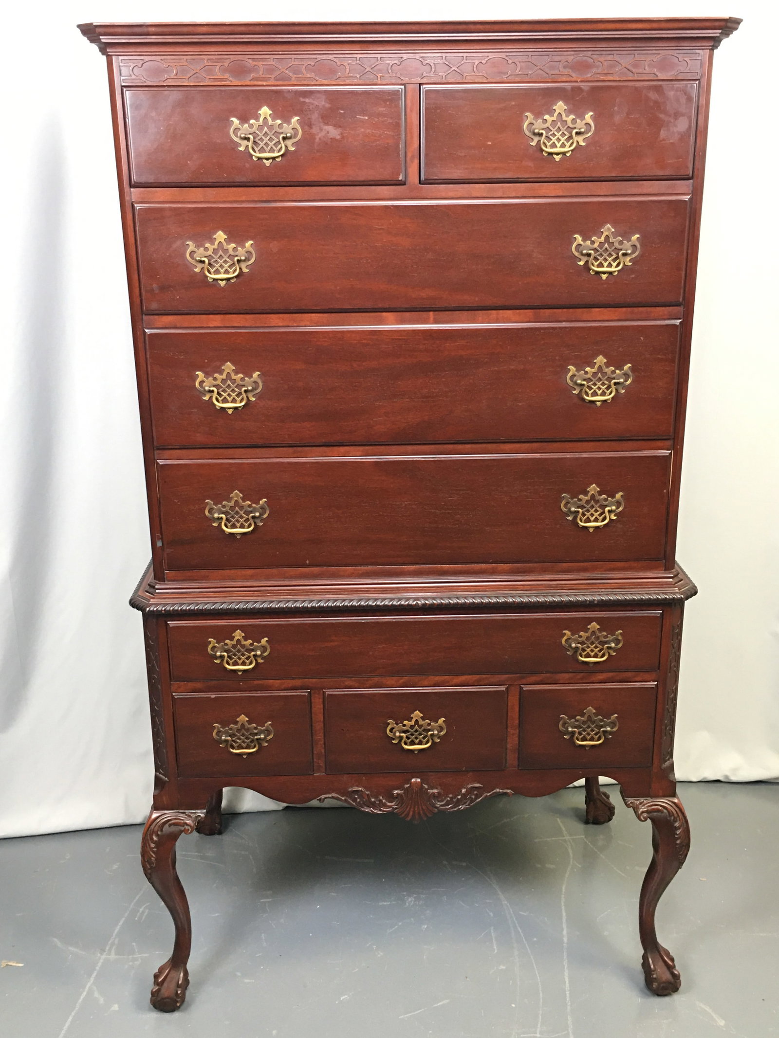 Queen Anne Cherry Chest on Chest: Queen Anne Cherry chest on chest, ball & claw feet, brass pulls, rope twist along middle. Five drawers over two. 36.5"W x 22"D x 63.75"H.