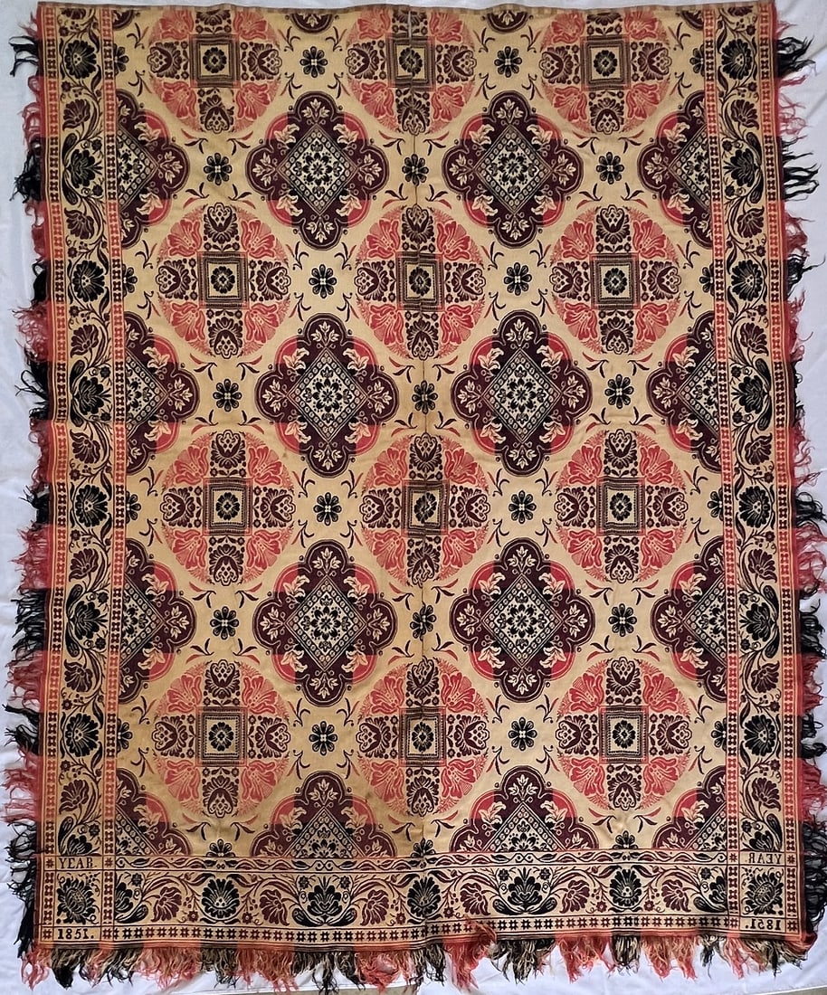 1851 Indiana Three Color Coverlet by Sarah LaTourette Fountain Co. IN.: 1851 Indiana Three Color Coverlet by Sarah LaTourette Fountain Co. IN. Three side fringed, has staining in left side panel, needs cleaned. 72" X 90"