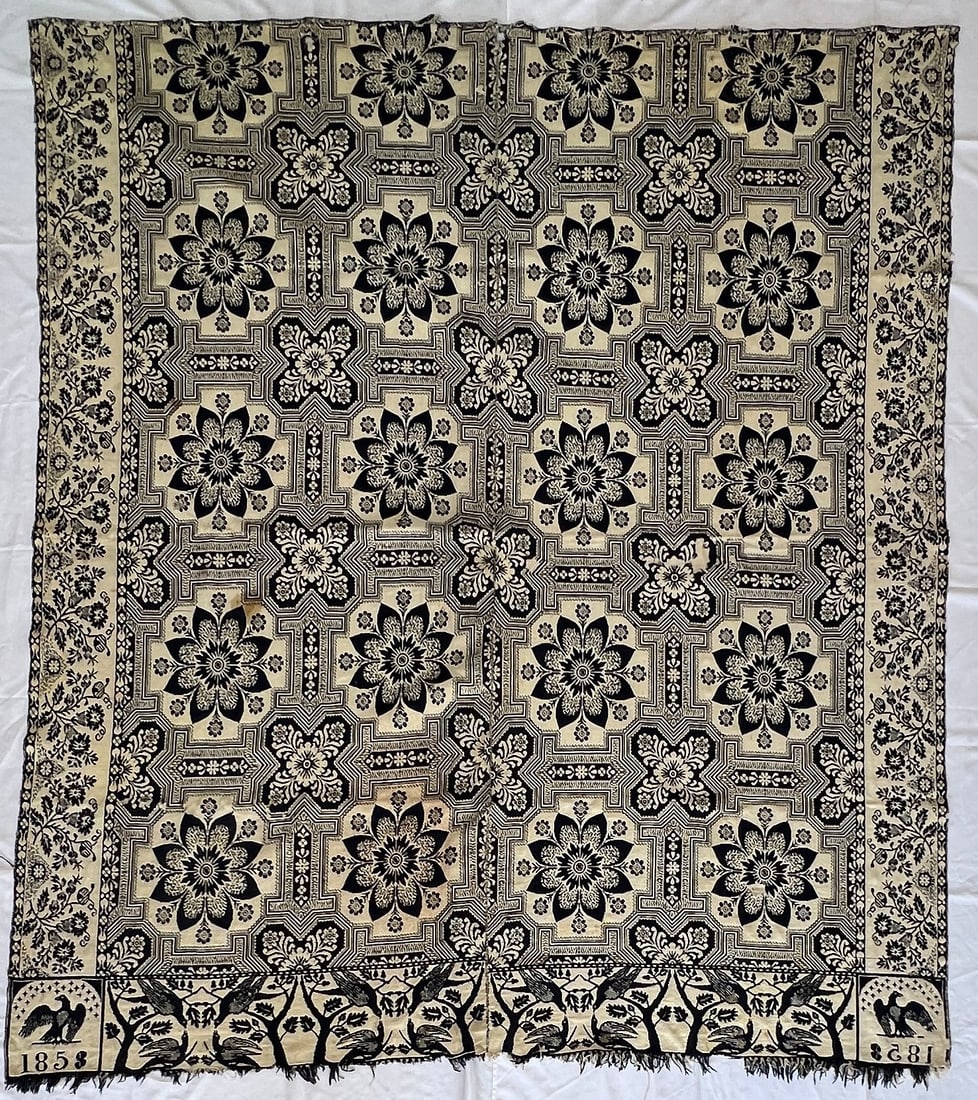 1853 Matthew Rattray Wayne Co. IN, Indigo and Natural Cotton Coverlet: 1853 Matthew Rattray Wayne Co. IN, Indigo and Natural Cotton Coverlet, with bird and star corner blocks, bird and floral border. 76" X 85"