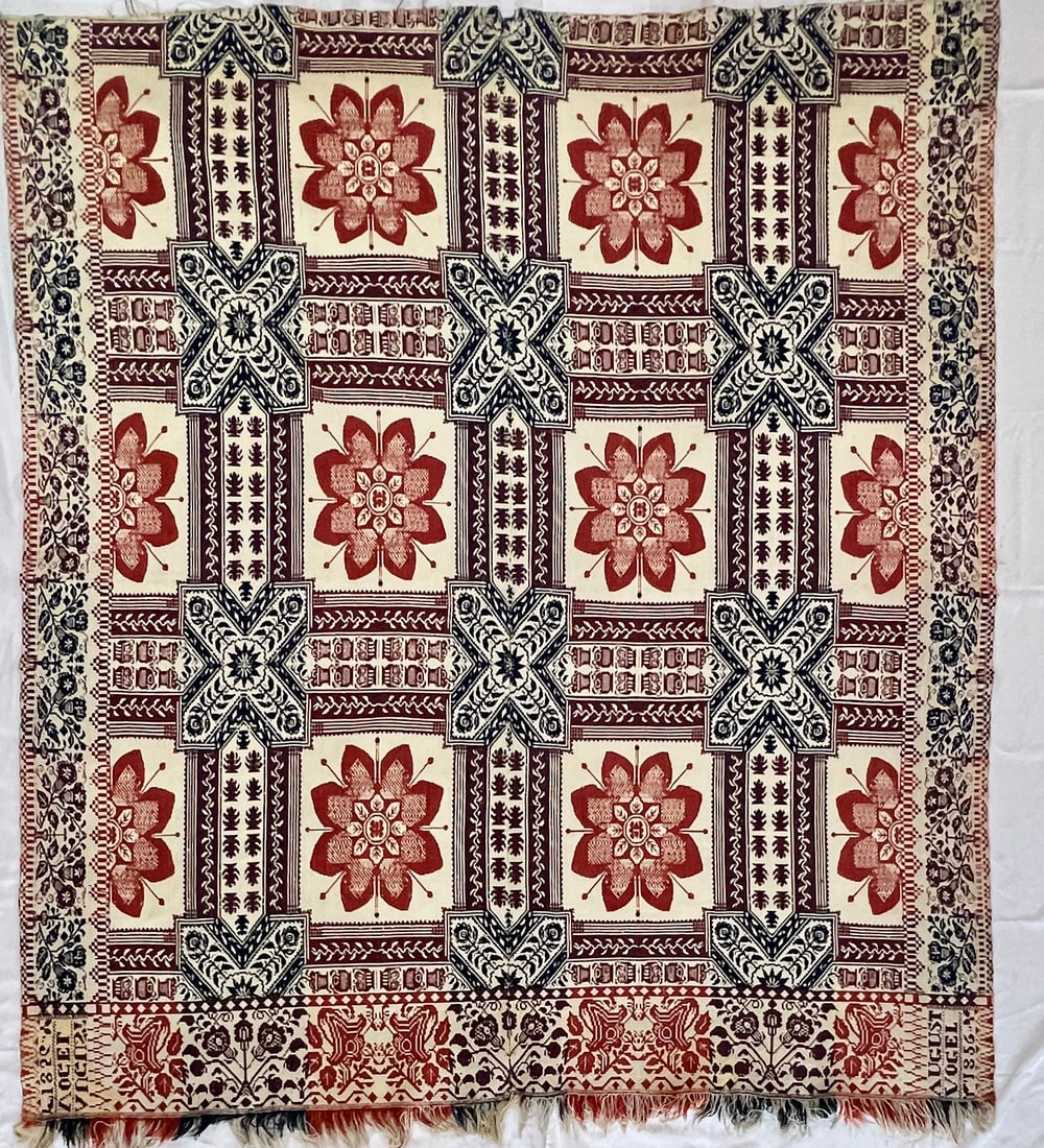 1856 Three Color Indiana Coverlet by August Vogel Montgomery Co. IN.: 1856 Three Color Indiana Coverlet by August Vogel Montgomery Co. IN. 76" X 83" Needs Cleaned