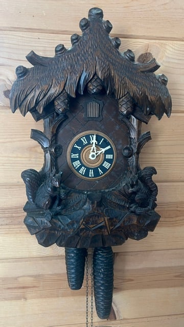 German Black Forest Cuckoo Clock with Carved Squirrels (1 of 6)