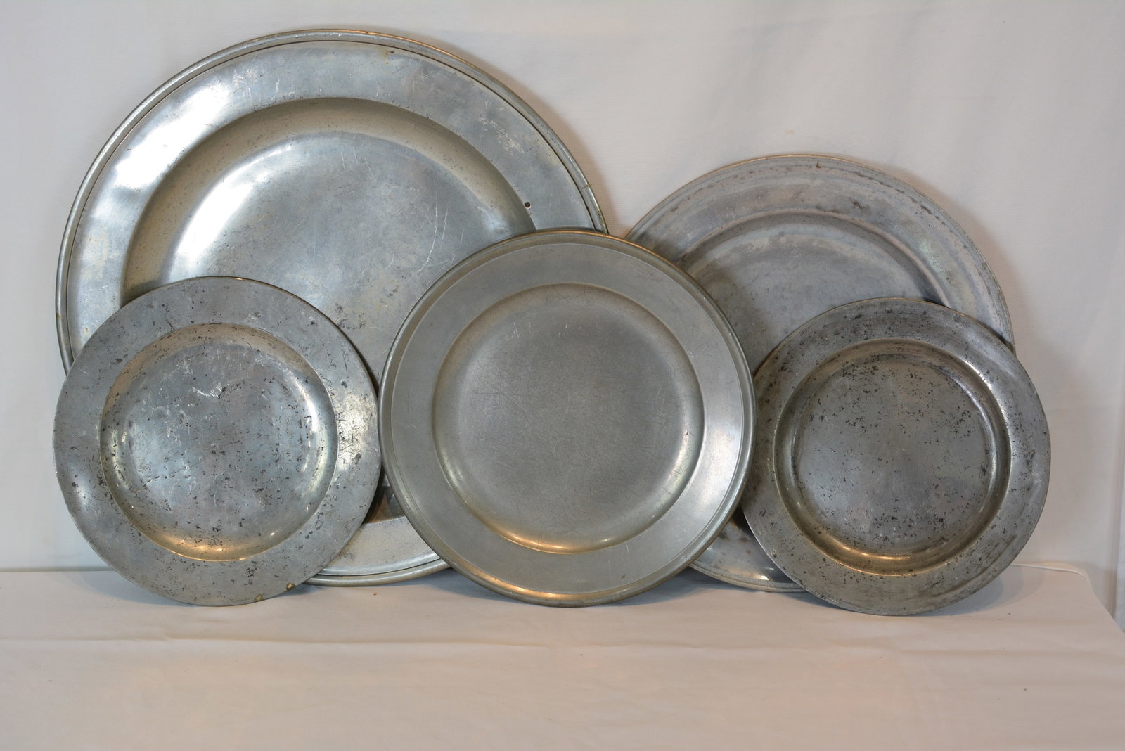 Group of 5 Pewter Chargers: Group of Pewter Chargers 18" to 11"