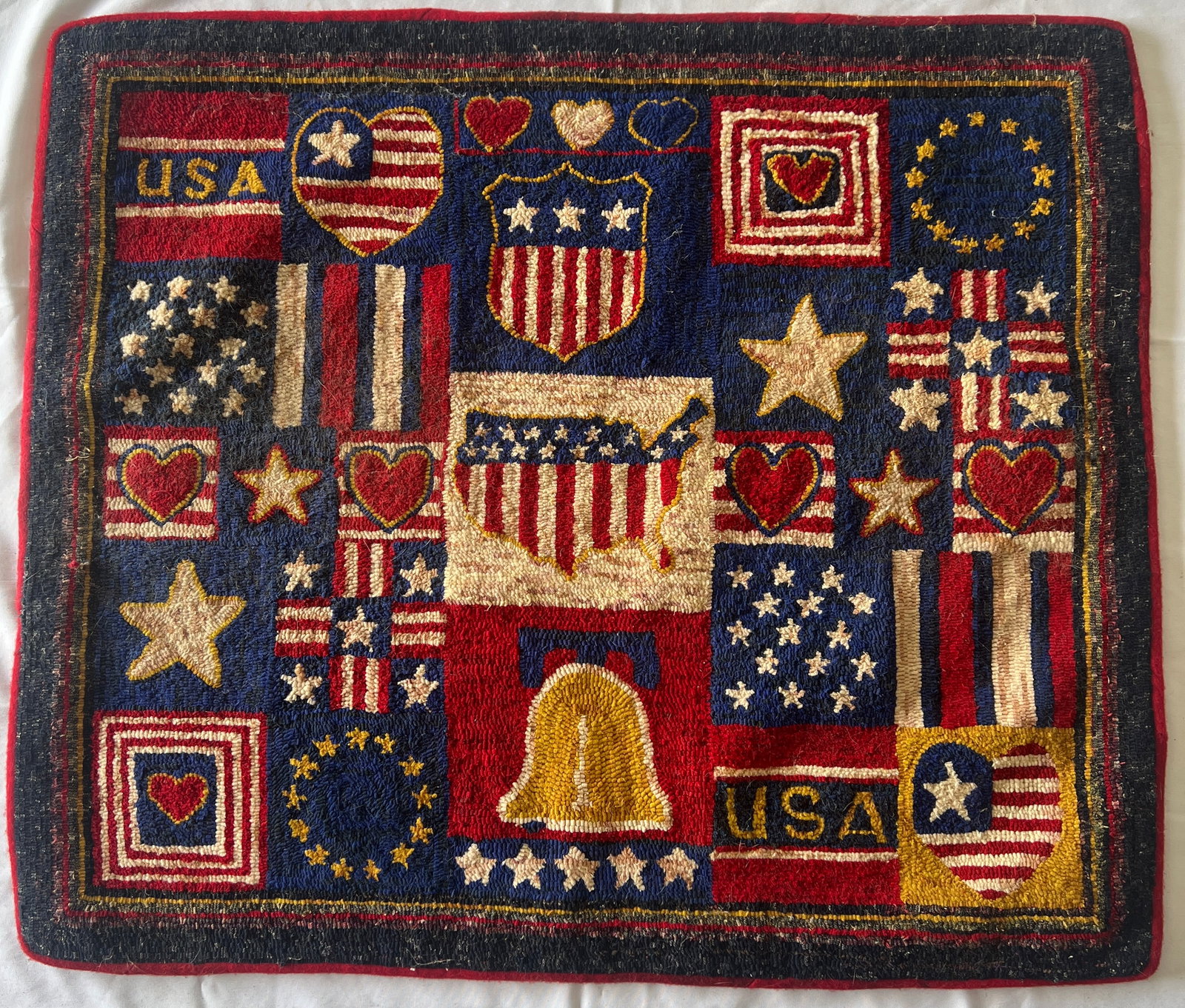 Contemporary Patriotic Hook Rug: Contemporary Patriotic Hook Rug, Red,white, and blued with gold accents, this was done by Indiana Rug Crafters, designed by Lois Trout, and Hooked by Many. 38"x33"