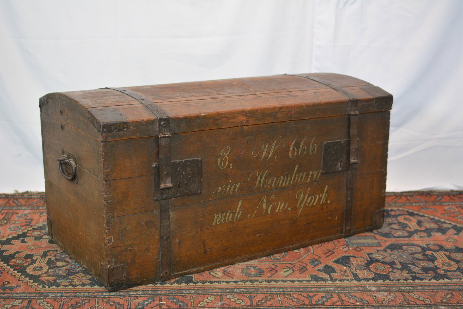 Imigrants Painted and Iron-Bound Dome Top Trunk with Shipping Inscription (1 of 7)
