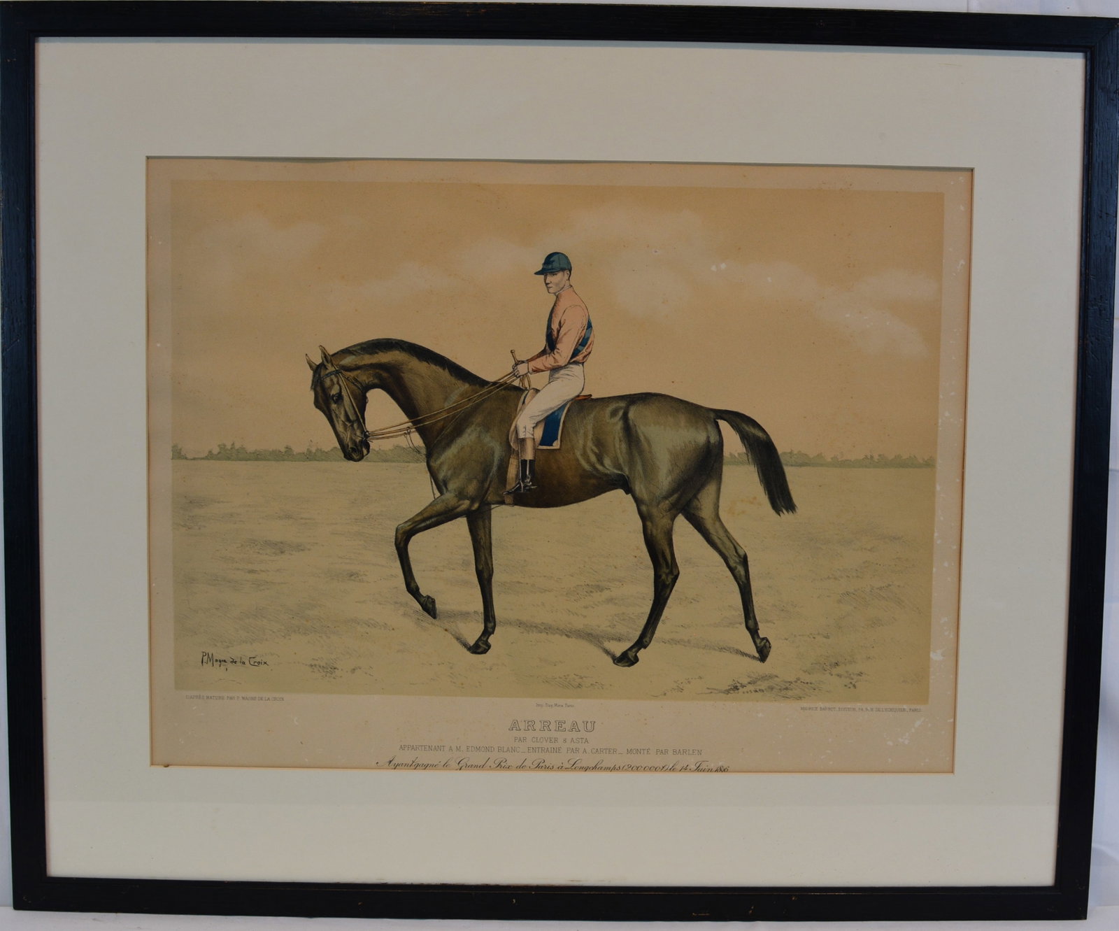 Framed 19th Century French Horse Racing Lithograph "Arreau" After P. Magne de la Croix: Hand-colored French equestrian lithograph titled "Arreau", depicting the celebrated racehorse with rider in profile. The print is after the work of P. Magne de la Croix and bears printed inscriptions