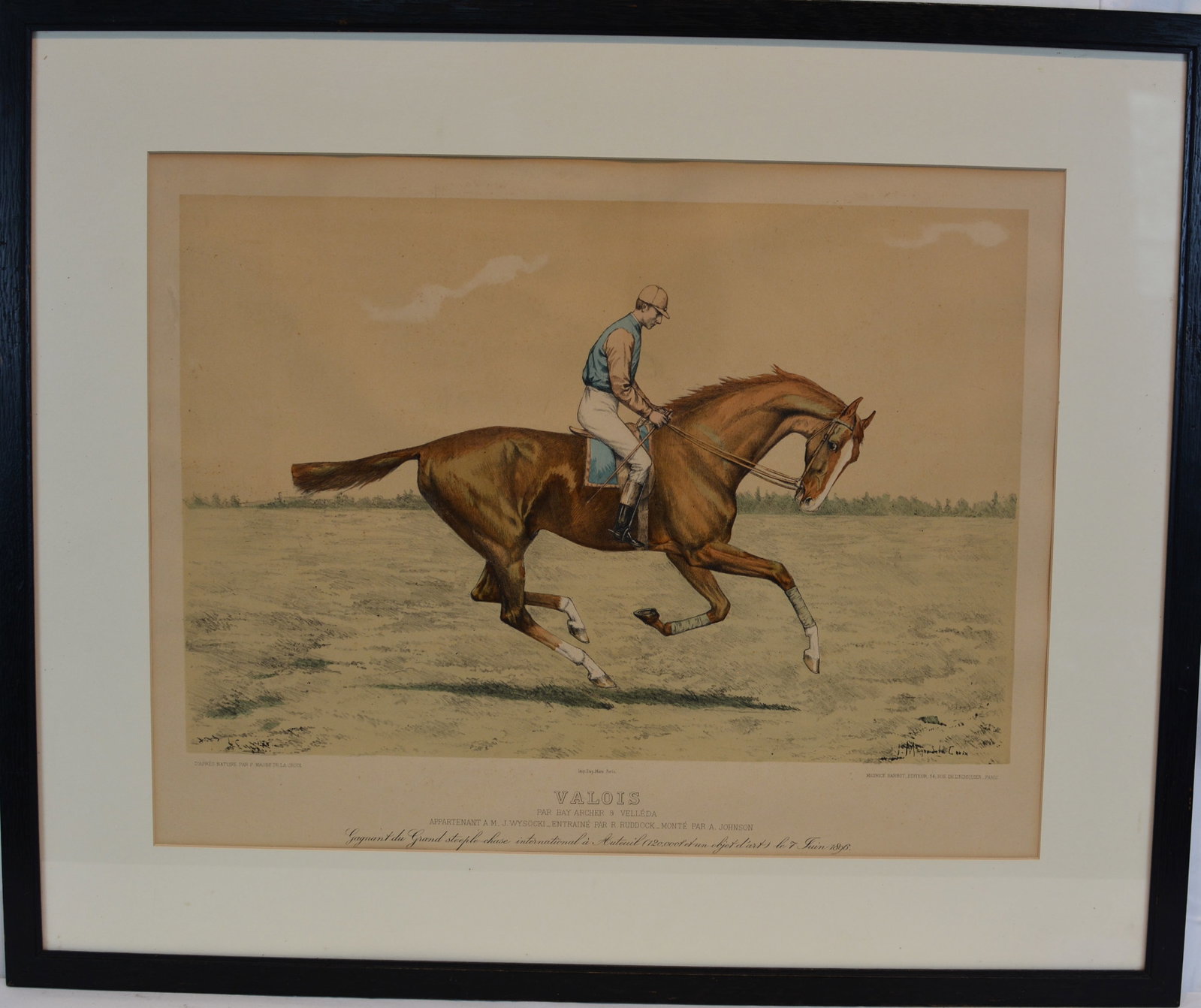 Framed 19th Century French Horse Racing Lithograph "Valois" After P. Magne de la Croix: Hand-colored French sporting lithograph titled "Valois," depicting the celebrated racehorse in motion with mounted jockey. After the work of P. Magne de la Croix, the print bears detailed