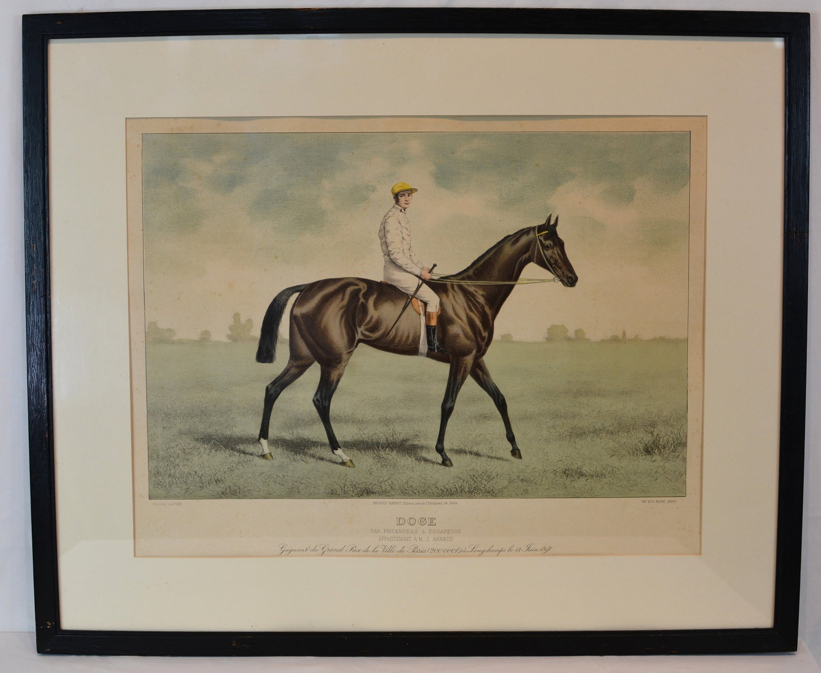 Framed French Horse Racing Print "Doge" After P. Magne de la Croix, Maurice Barbot Publisher, Paris: French equestrian racing print titled "Doge," depicting the celebrated racehorse in profile. The lower margin identifies the horse as "Doge," by Fricandeau & Dogaresse, owned by M. J. Arnaud, and
