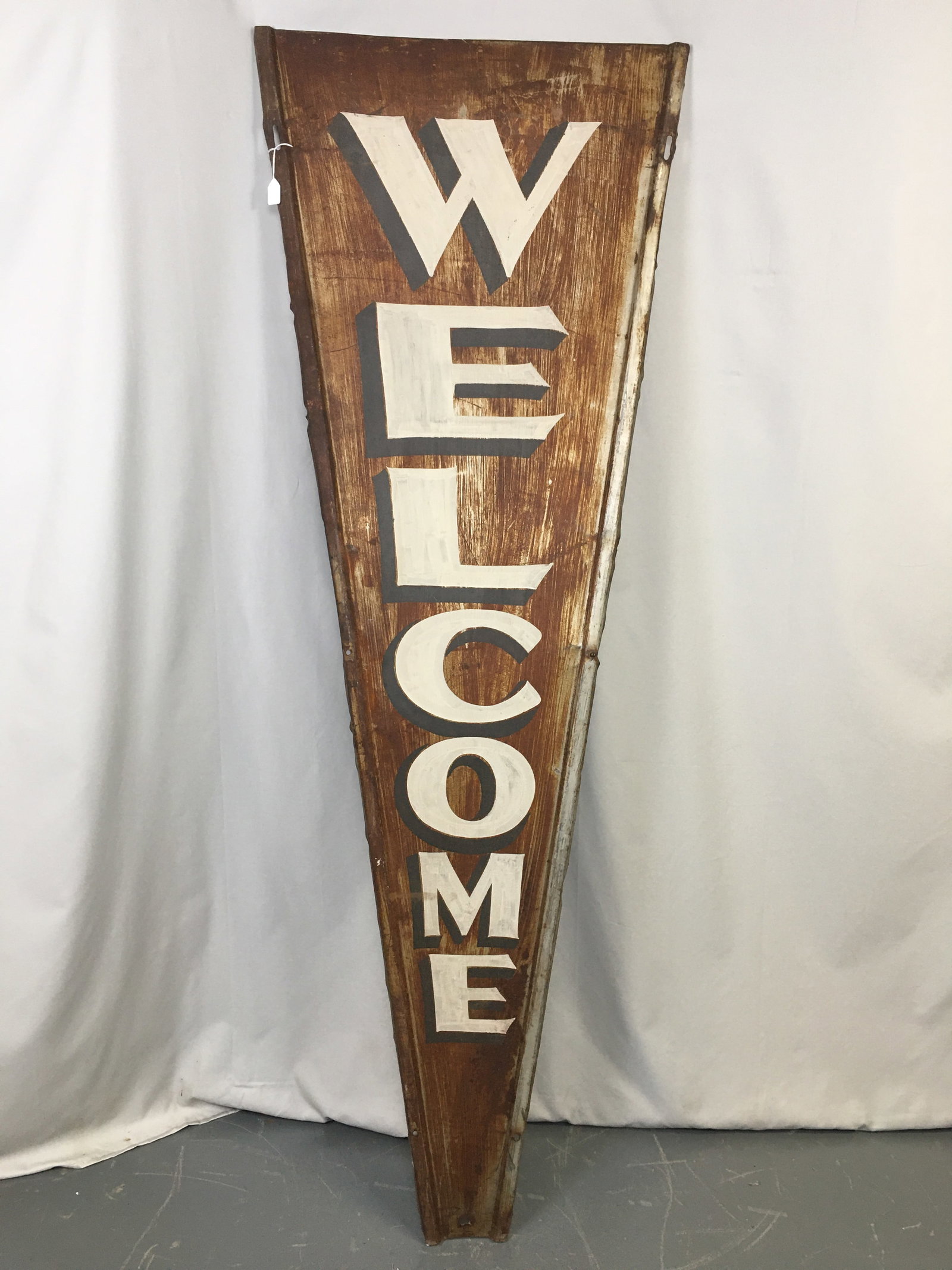 Metal Windmill Blade Welcome Sign: Metal Windmill Blade Painted Welcome Sign. 78"H x 26.5"W at top.