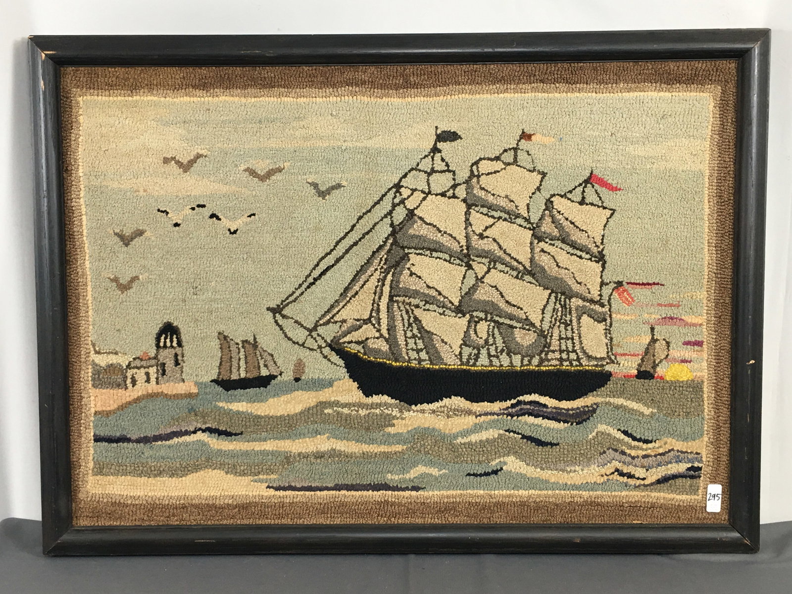 Vintage Framed Hooked Clipper Ship: Vintage Framed Hooked Clipper Ship Wall Hanging. Size in frame 39"W x 28"H