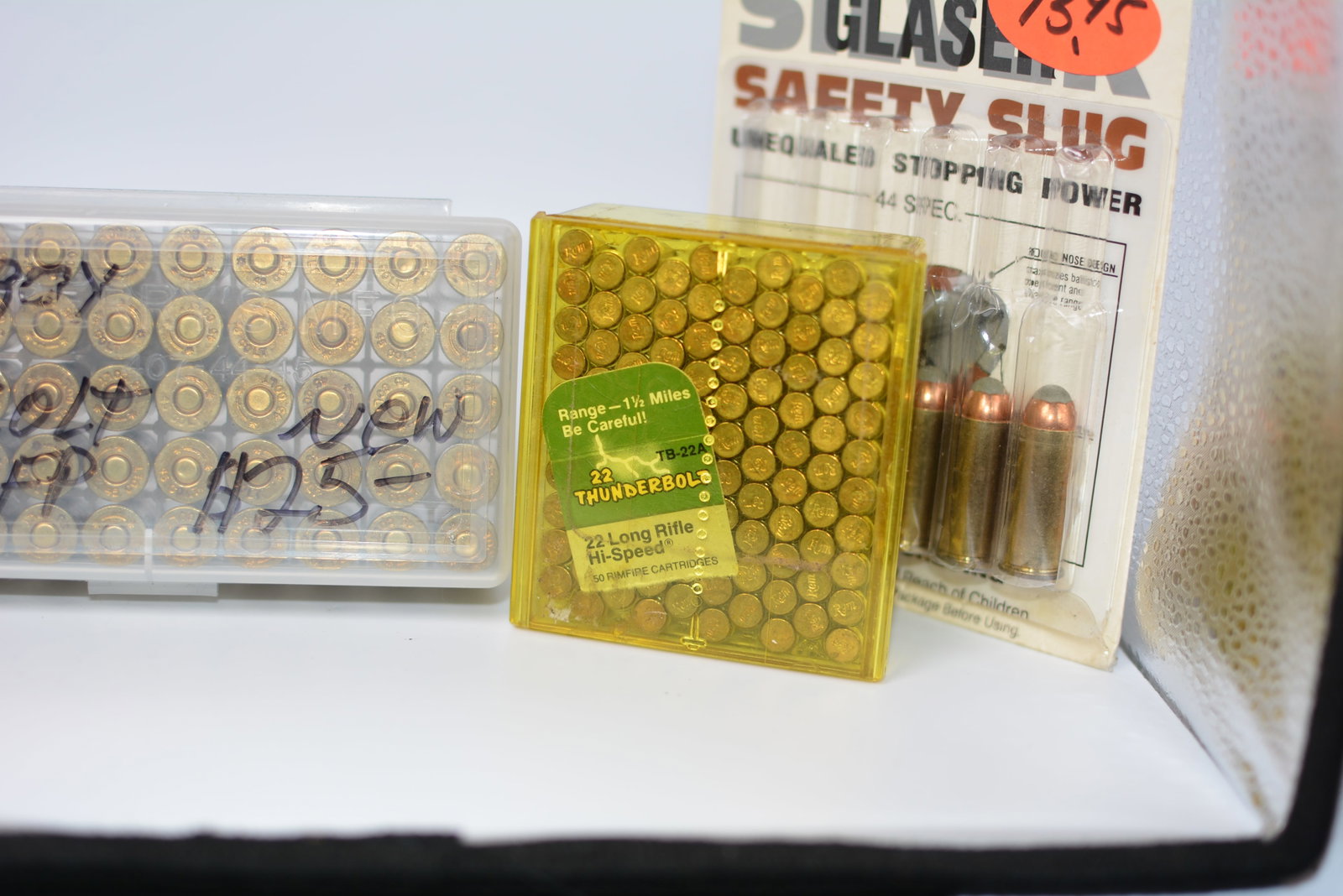 Specialty ammunition lot featuring a package of Glaser Safety Slug .45 Colt Cowboy Load cartridges,: Specialty ammunition lot featuring a package of Glaser Safety Slug .45 Colt cartridges, a quantity of Remington Thunderbolt .22 Long Rifle Hi-Speed rimfire cartridges