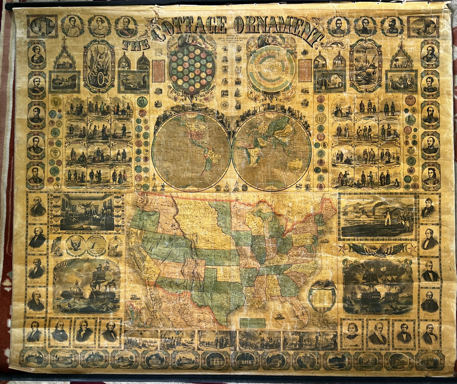 C.1859 Ensign, Bridgman & Fanning "The Cottage Ornament" U.S. Map: Rare mid-19th century hand-colored pictorial wall map titled "The Cottage Ornament" published by Ensign, Bridgman & Fanning, 156 William Street, New York, bearing an 1855 copyright and dating circa 18