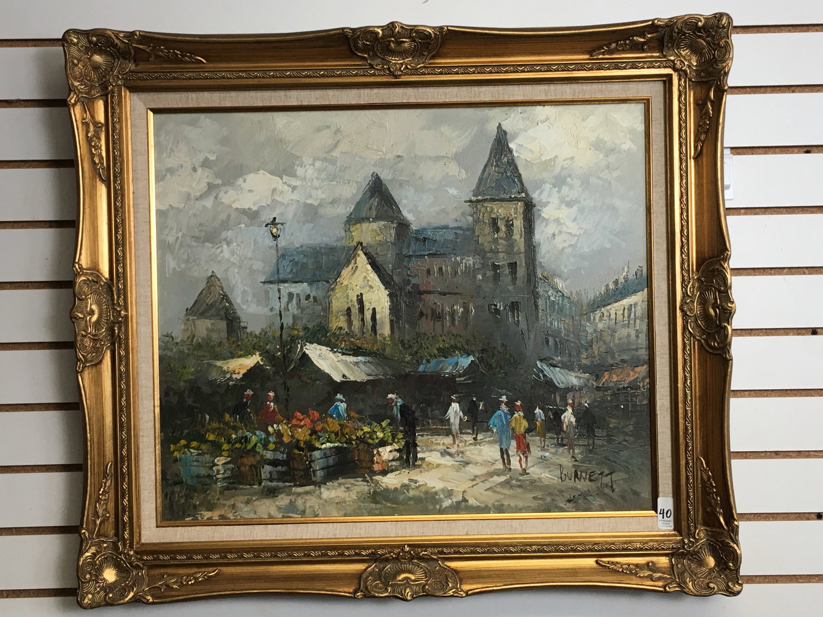 Caroline Burnett (1877-1950) O/C: Caroline Burnett (1877-1950) oil on canvas, Paris Market Scene, signed. 31"X27" framed.