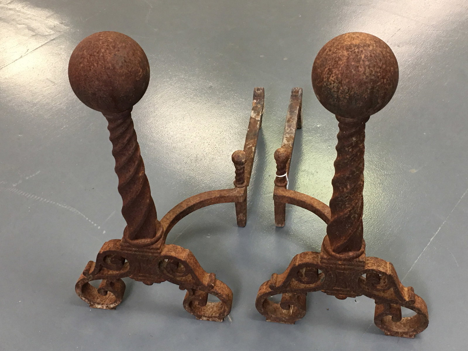 Pair of Fancy Rope Twist Andirons: Pair of Fancy Rope Twist Iron Andirons.11"W x 22"D x 20.5"H