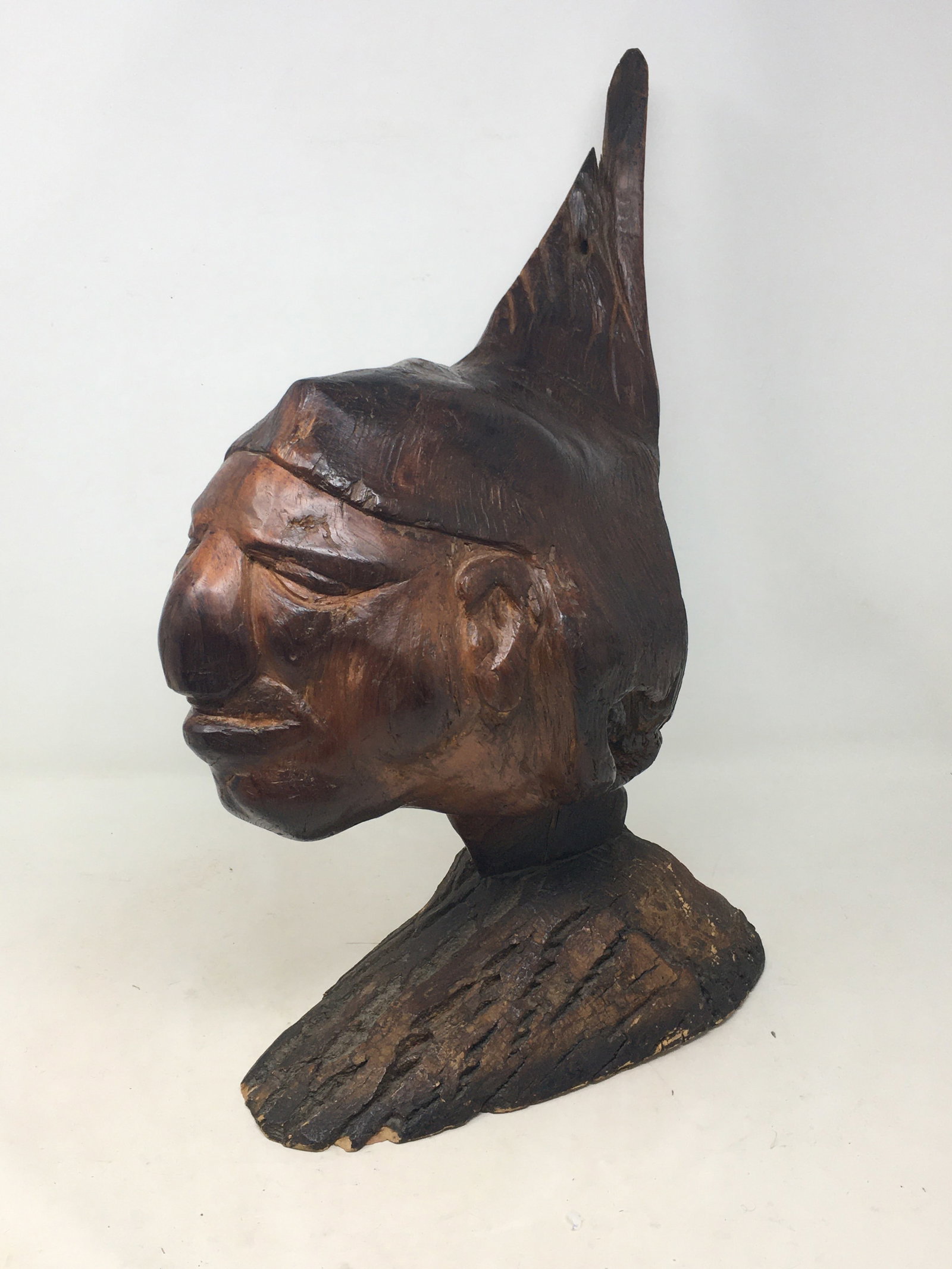 Native American Carved Burl Head: Native American Indian Carved Burl Head. Signed RC on bottom. 6.5"W x 11.5"D x 16.5"H