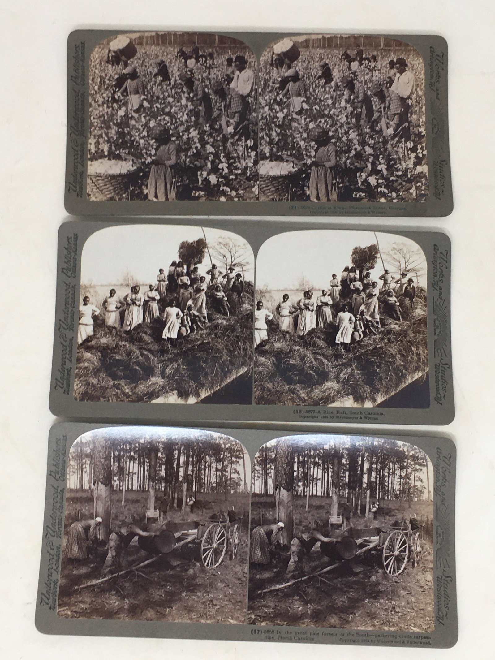 Black Americana Stereoview Cards: Black Americana Stereoview Cards. (3) cards by Underwood & Underwood, incl. "Cotton is King- Plantation Scene, Georgia" and "A Rice Raft, South Carolina", both copyright 1895 by Strohmeyer & Wyman.