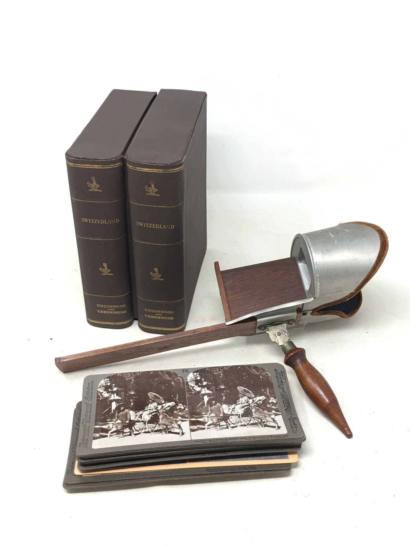 Underwood Stereoview Set of Switzerland, 100 Cards With Viewer.: Underwood & Underwood Stereoview Set of Switzerland, 1-100 cards in case; and Underwood & Underwood Stereoptic Viewer. Also included are 12 other foreign cards, with scenes from China, Japan, Ceylon,