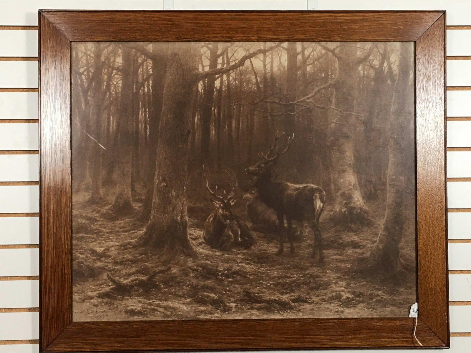 Rosa Bonheur Stag Print: Rosa Bonheur Stag Print, of 3 stags in the forest, Marked "Rosa Bonheur 1883" in left corner. Impress stamped in right corner with some illegible but some is "....Nelson & Co.?". Size in frame 39" x