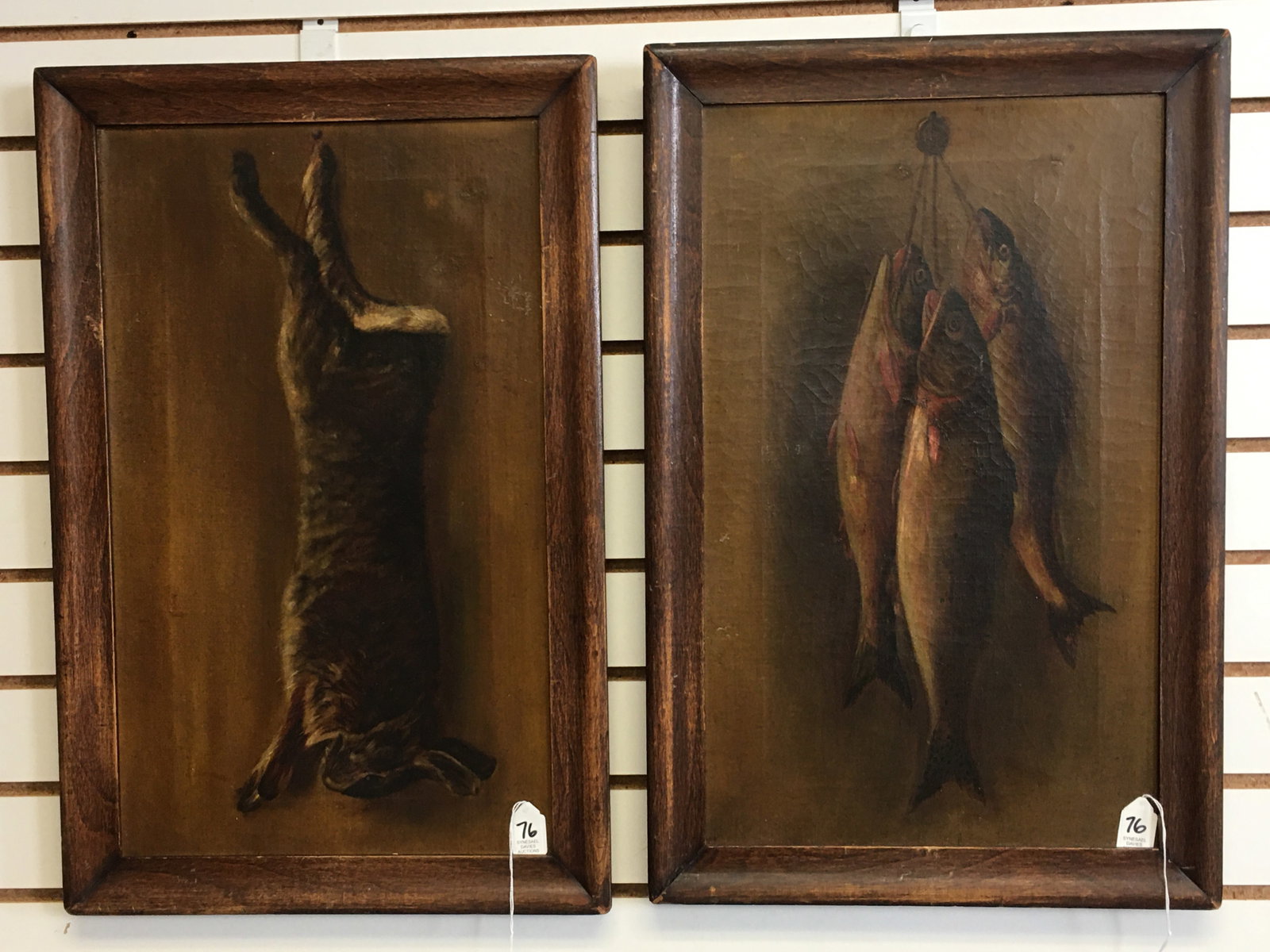 Two Sportsman Paintings, Hunting & Fishing: Two Sportsman Paintings, Hunting & Fishing. Featuring dead rabbit & fish, oil on canvas, unsigned. 15" x 22.75"