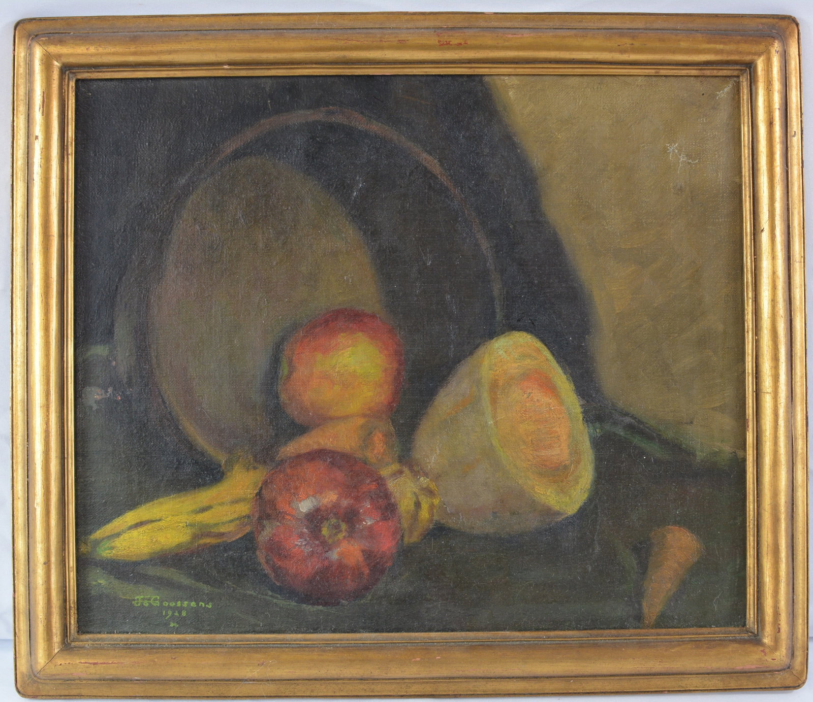 J. Goossens 1928 Modernist Still Life Oil on Canvas: Early 20th-century oil on canvas still life depicting an arrangement of fruit and vessels rendered in a dark, stylized Modernist composition. Signed J. Goossens at lower left and dated 1928, retaining