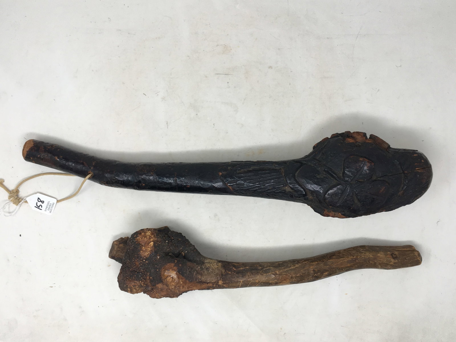 Early Irish Shillelagh, Burl Club: 1) Early Irish Blackthorn Shillelagh, carved with "Erin", shamrock, Celtic axe and harp. Some chipping/loss to club end. 2) Burl wood club. Shillelagh 21"