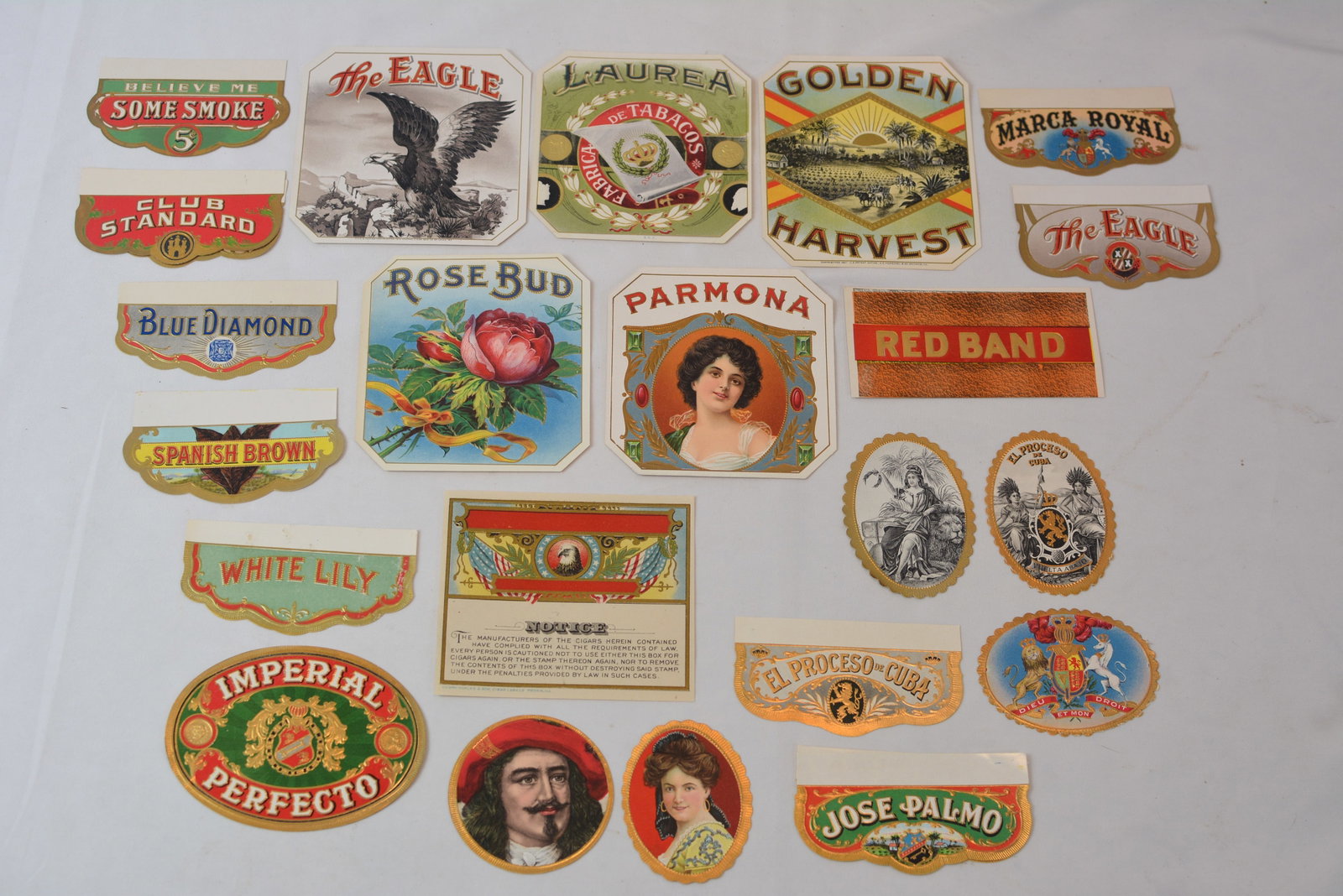 Large Group of Antique Cigar Box Labels & Advertising: Large collection of colorful early cigar box labels and advertising ephemera featuring numerous brands and elaborate lithographed designs. Includes The Eagle, Golden Harvest, Rose Bud, Parmona,