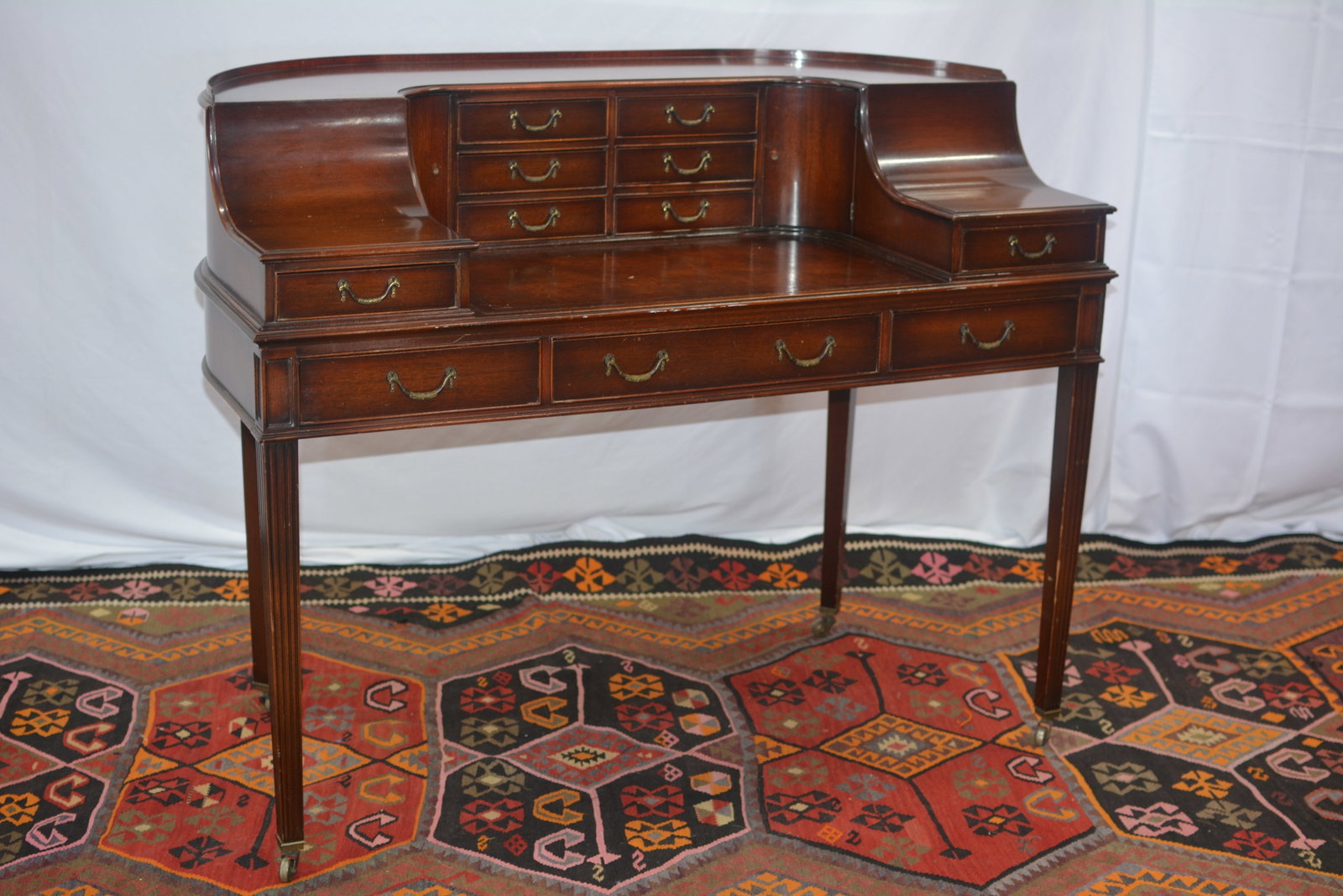 Imperial Grand Rapids Genuine Mahogany Carlton House Desk: Vintage Imperial Furniture Company, Grand Rapids, Michigan, Carlton House-style writing desk constructed with genuine mahogany, retaining the original Imperial label and Mahogany Association label