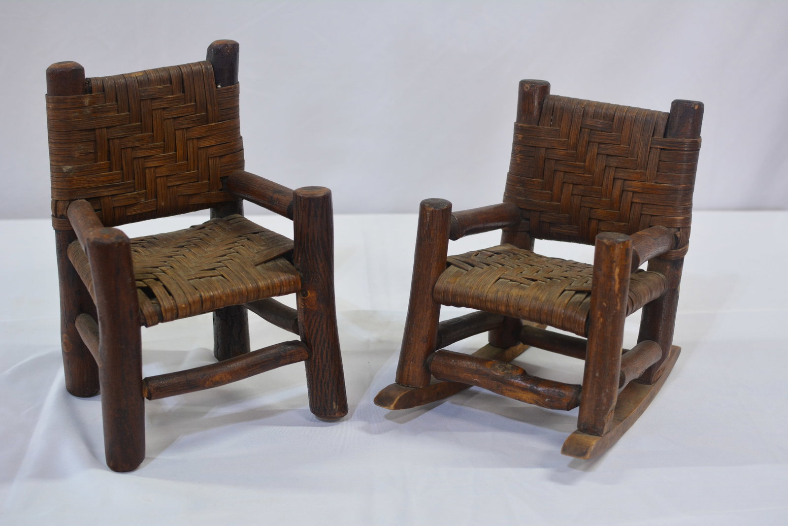Pair Miniature Old Hickory Chairs ? Rocker & Armchair (1 of 7)