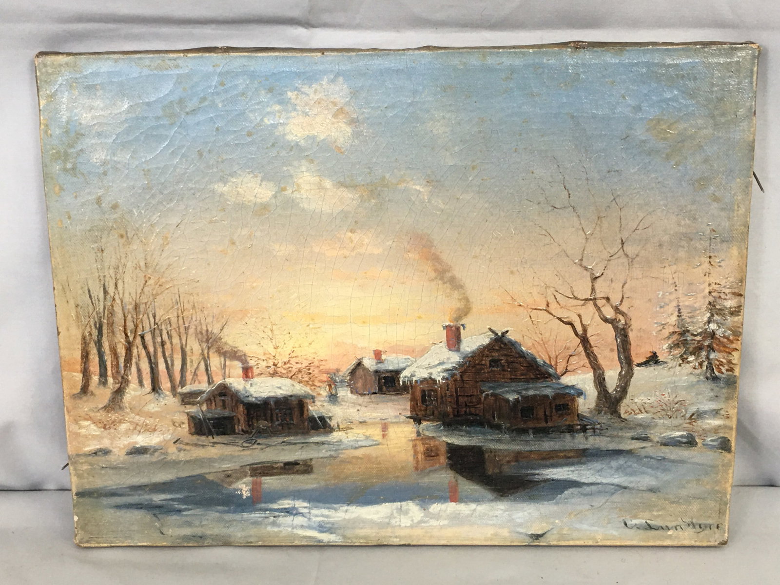 Signed Oil on Canvas: Signed Oil on Canvas Painting, depicting log cabins by a lake in wintertime. Signed in lower right corner. Craquelure.
