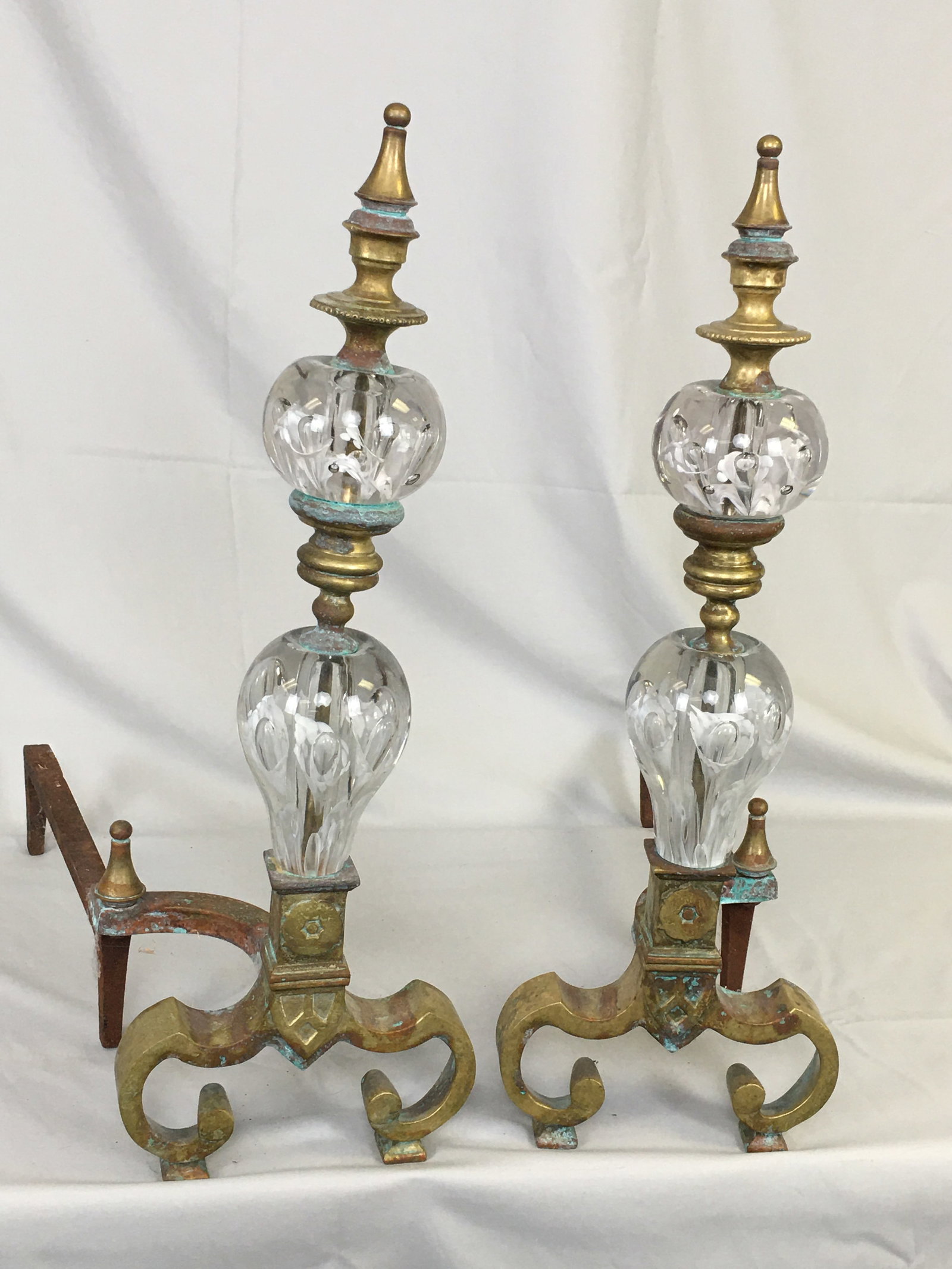 Pair of St. Clair Art Glass & Brass Andirons (1 of 3)