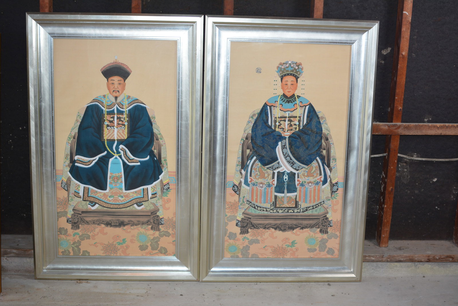 Pair Chinese Qing-Style Ancestor Portraits, Man & Woman (1 of 3)