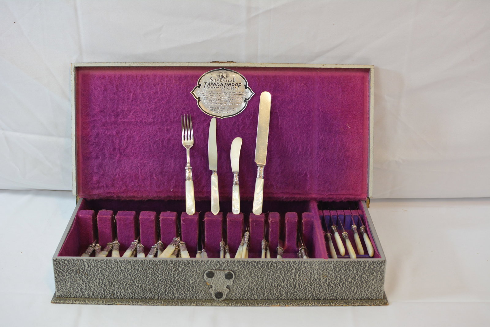 International Silver Co. Silver Seal Mother-of-Pearl Flatware Set: Vintage International Silver Company Silver Seal Tarnish Proof Silverware Chest containing an assembled set of flatware with attractive mother-of-pearl handles and decorative metal collars. Includes a