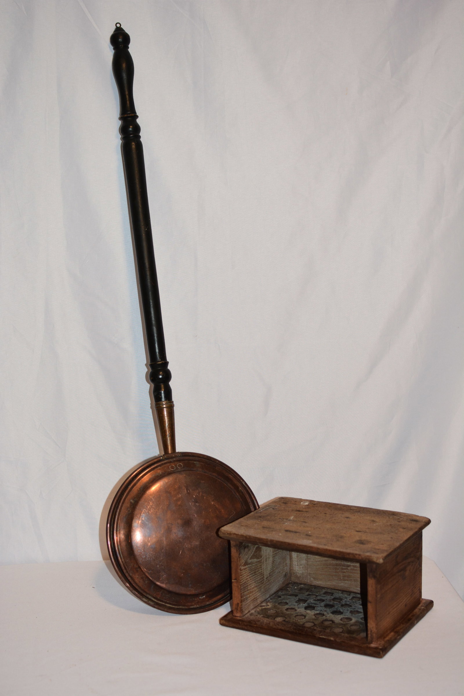 19th Century Copper Bed Warmer & Primitive Wooden Foot Warmer (1 of 6)