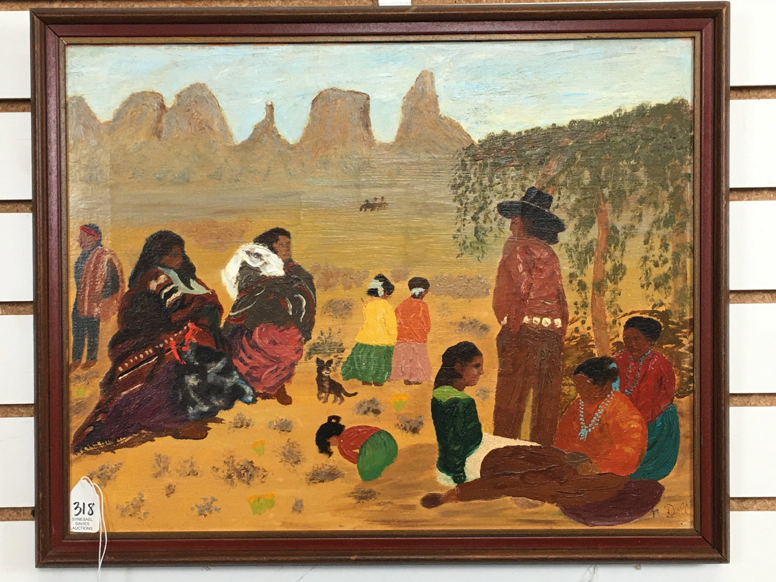 Southwestern American Indian O/C: Southwestern American Indian Painting, Oil on Canvas. Signed in lower right corner. Area of possible repair/touch up in middle. Size in frame 19.5" x 16"