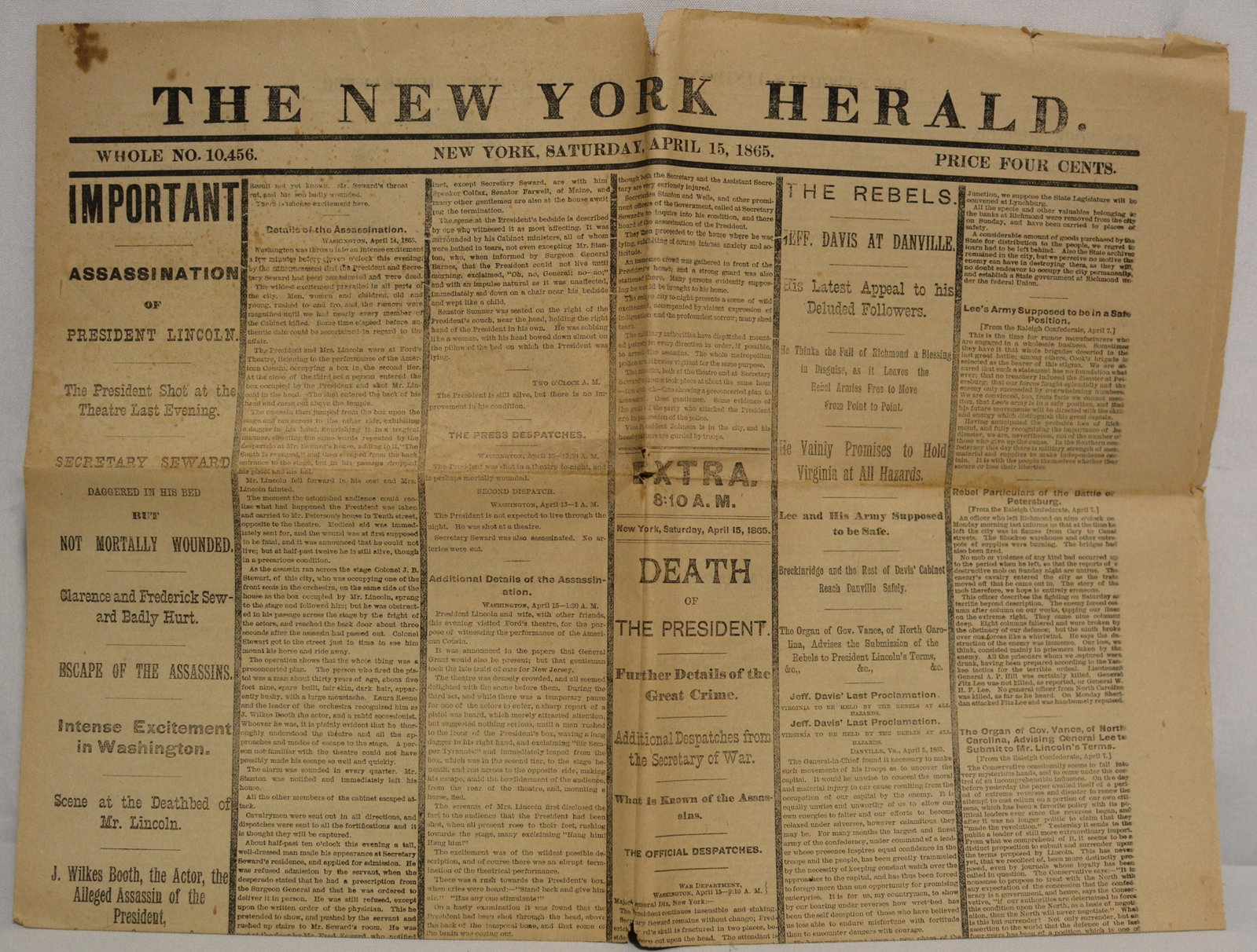 April 15, 1865 New York Herald Newspaper ? Assassination & Death of President Abraham Lincoln: Historic original issue of The New York Herald, Saturday, April 15, 1865, reporting the assassination and death of President Abraham Lincoln following the shooting at Ford's Theatre. Dramatic