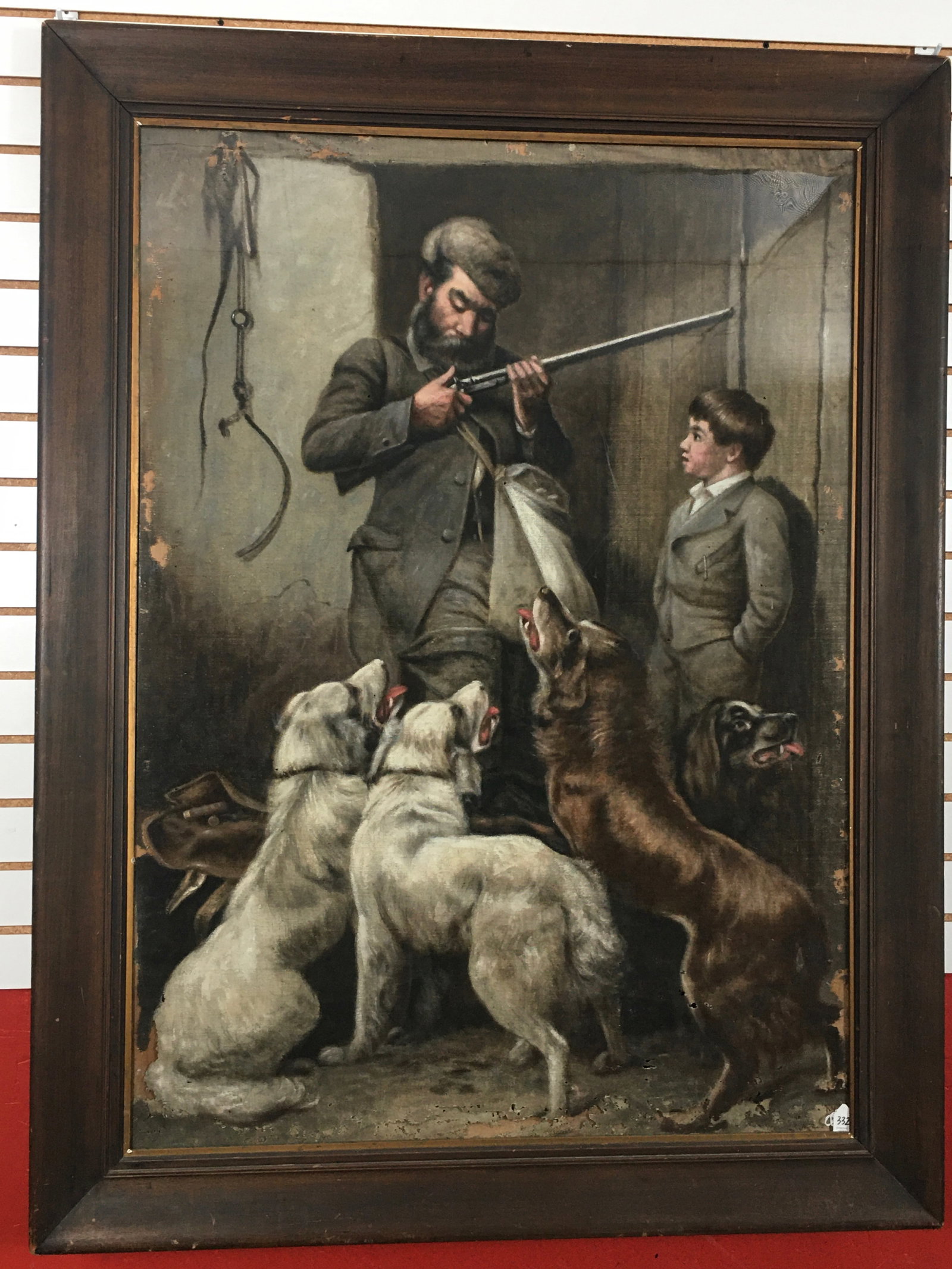 Tapestry Painting, Hunter & Dogs: Large Tapestry Painting on Fabric, Hunter with Gun, Boy & Dogs. Wear, mostly around edges. Size in frame 41.5" x 54.5"