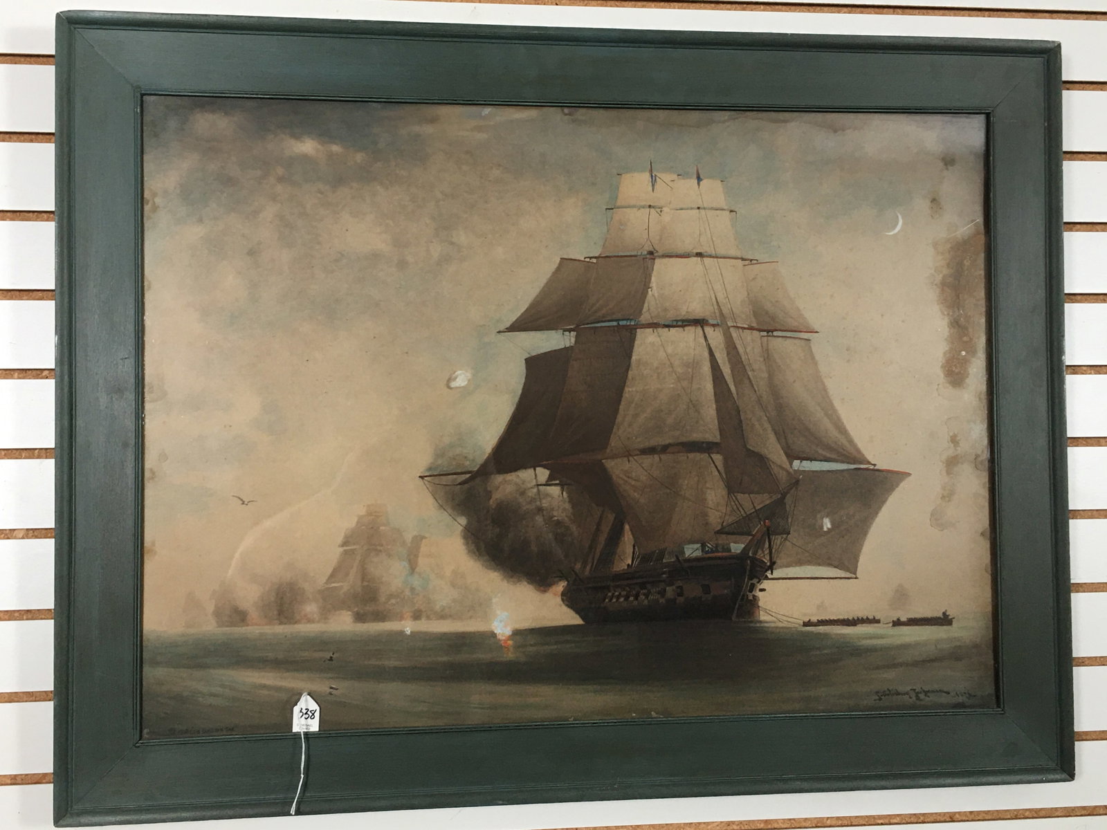 S. Salisbury Tuckerman Ship Battle Print: S. (Stephen) Salisbury Tuckerman Ship Battle Print, Marine War Ship. Marked bottom right corner with name & date 1876, bottom left reads Copyright Curtis & Cameron Inc. 38.75"W x 29.5"H