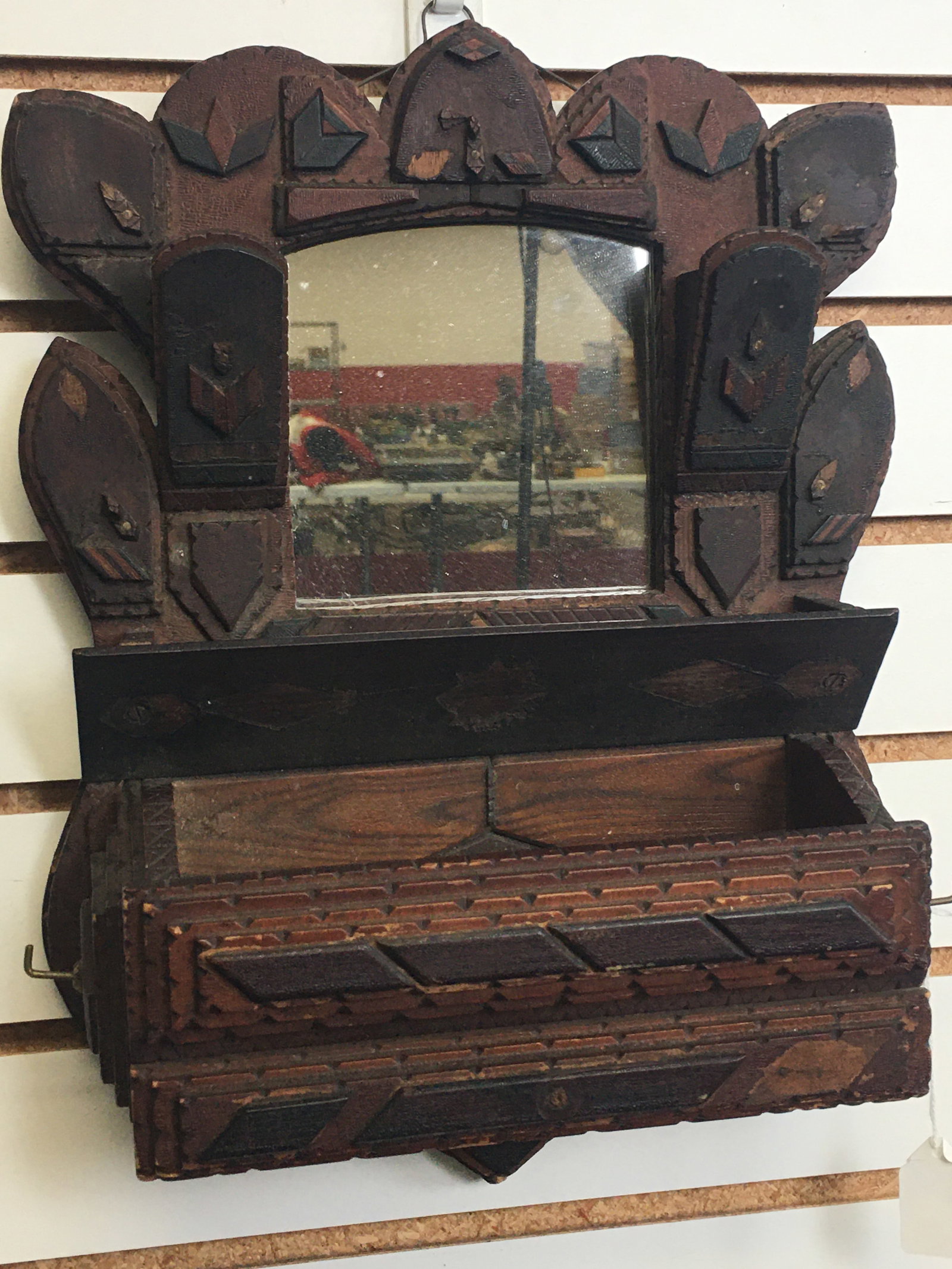 Tramp Art Wall Pocket With Mirror (1 of 9)