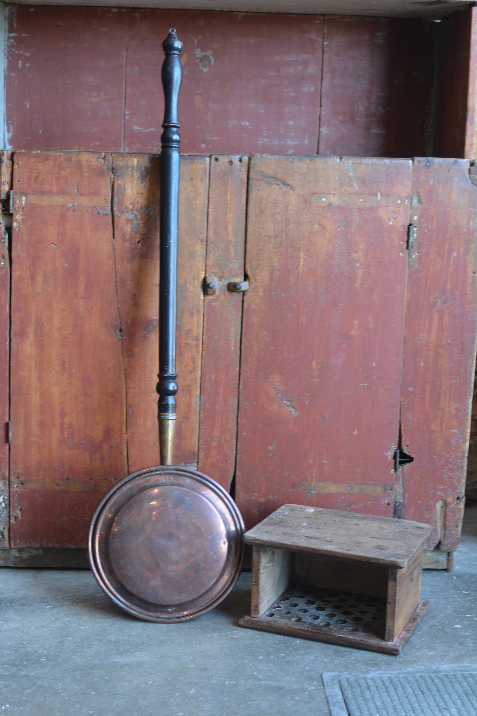 19th Century Copper Bed Warmer & Primitive Wooden Foot Warmer (1 of 2)