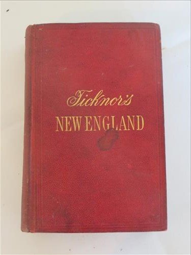Ticknor's New England 1888 Traveller's Guide book: Ticknor's New England 1888 Traveller's Guide book has maps and advertising of various Boston, New England businesses, red binding w/ gold lettering, some wear to binding, maps are dog-eared and torn c