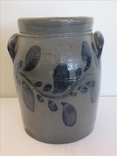 Stoneware blue decorated 2 gal. jar: Stoneware blue decorated 2 gal. jar w/ impressed mark R.W. Russell, Beaver, Pa., 6 7/8 dia. x 11"t, no chips or cracks, $400-600