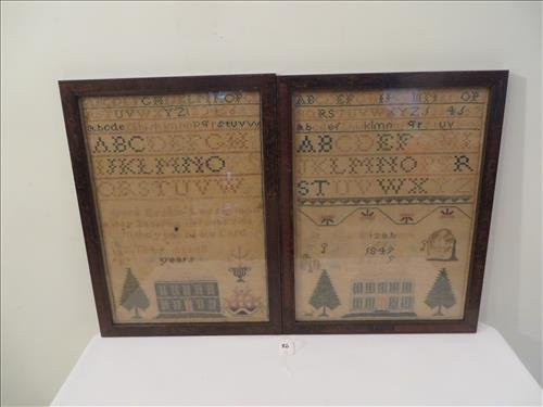Pair of schoolgirl samplers executed by sisters Clara: Pair of schoolgirl samplers executed by sisters Clara and Elizabeth Lessig of Pottsville, Pa. in 1849 w/ alphabet, verse, 2 story house and pine trees approx. 12" x 16" the samplers are accompanied wi