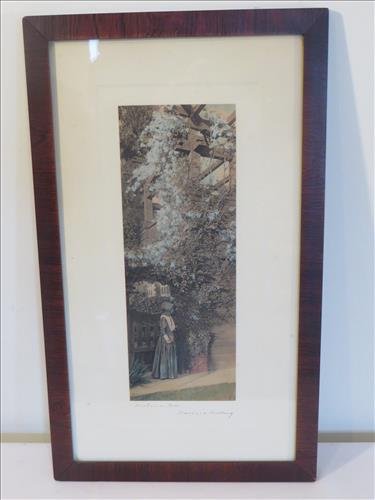 Signed Wallace Nutting print: Signed Wallace Nutting print "Wisteria Gate", garden view w/ lady, 4 3/4" x 13" view, very good condition, $50-100