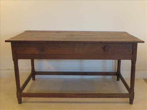 Southern cherry single dovetailed drawer stretcher base: Southern cherry single dovetailed drawer stretcher base work table, retains original feet, all wood pinned, 4 board top, old dry surface, shrinkage cracks and one knot hole on top, cock beaded edge ar