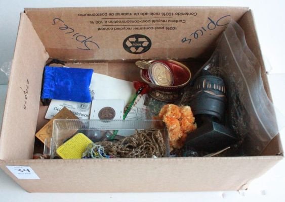 34. Vintage & antique miscellaneous lot.: includes silver spoons, match safe, coins, Marbles, ashtray and costume jewelry. All one money.