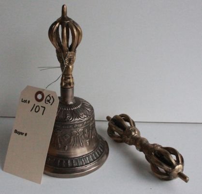 107. Lot of 2 Tibetan items bell & dorg.: bell is 8.5 inches tall.