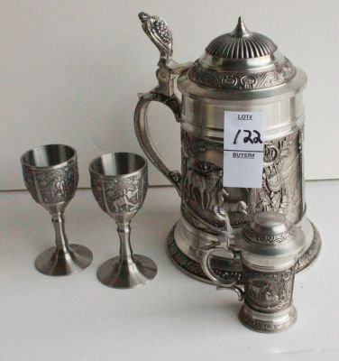 122. German Pewter Stein and extras.: Stein measures 7 inches tall.