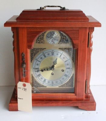 139. Emperor custom made bracket clock.: Walnut wood. Measures 16 inches tall.