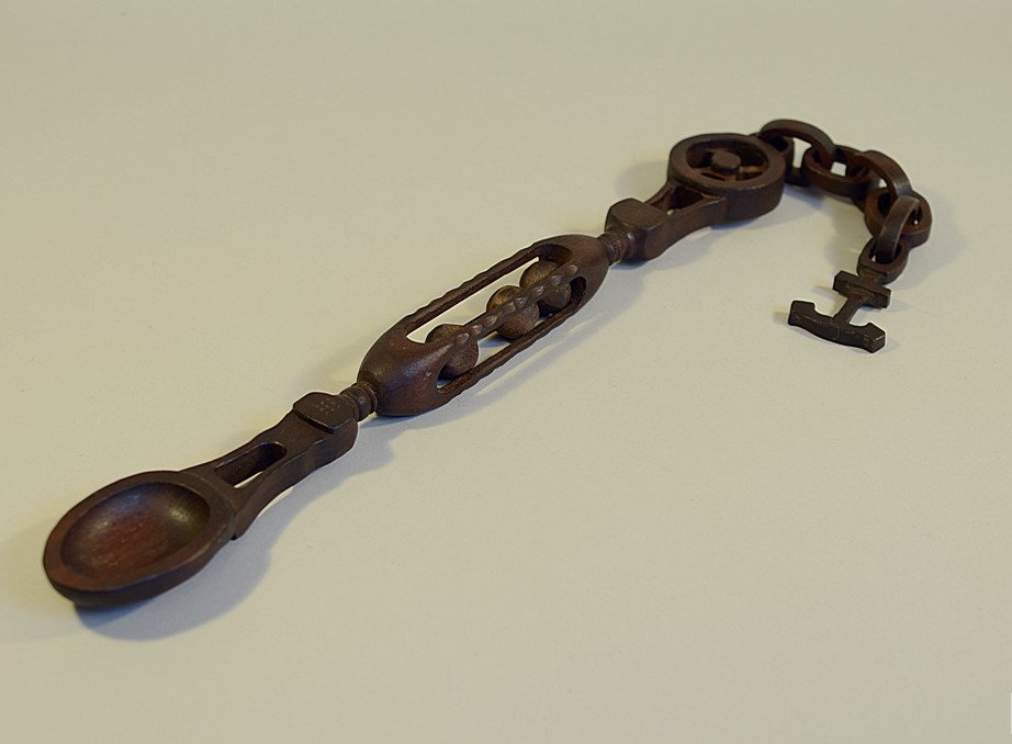 19th C. Nautical Antique Sailor's Carved Wooden Whimsy:: DESCRIPTION: 19th C. Nautical Antique Sailor's Carved Wooden Whimsy : Anchor, Chain, Ships Pulley, Turnbuckle & Ladle. Expert Sampler Design - Rare to see!! CONDITION: EXCELLENT CONDITION!! No scr