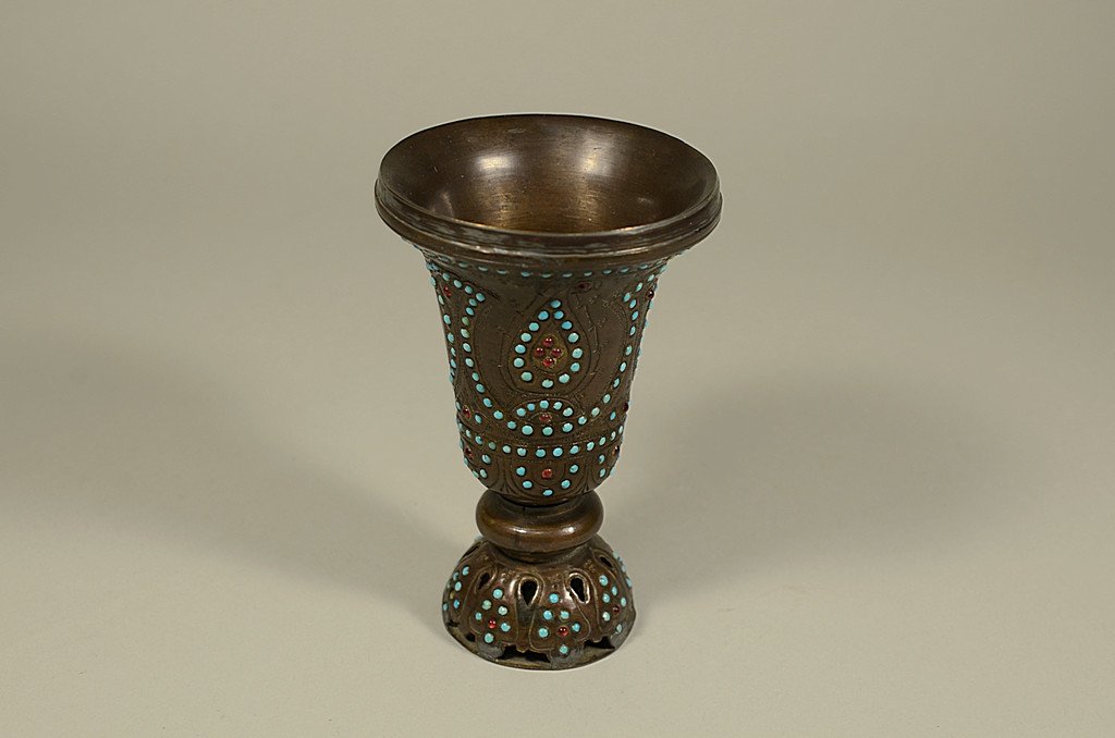 Antique Islamic Jewel Encrusted Copper Cup - Inlaid: DESCRIPTION: _x000D_ Antique Islamic Jewel Encrusted Copper Cup - Inlaid with Turquoise and Garnets or Rubies _x000D_