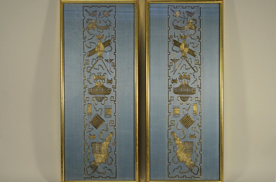 A Pair of Framed 18th Century Chinese Gold-Thread: :: DESCRIPTION: A Pair of Framed 18th Century Chinese Gold-Thread Embroidered Silk Panels :: CONDITION: Very fine antique condition, fabric and thread well preserved behind glass in frames - perhaps? 